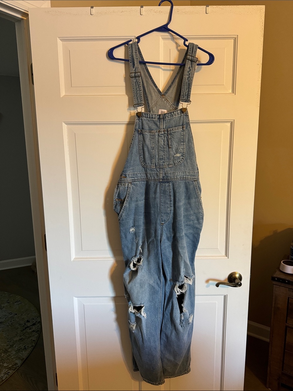 BDG Light Blue Denim Overalls with Red Stitch Accent
